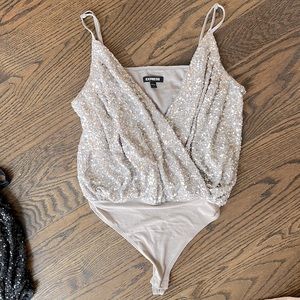 Express Sequin Faux Wrap Thong Bodysuit in Champagne Size Small. Worn only once!